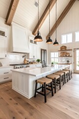 Farmhouse kitchen island, wood floors, high ceilings