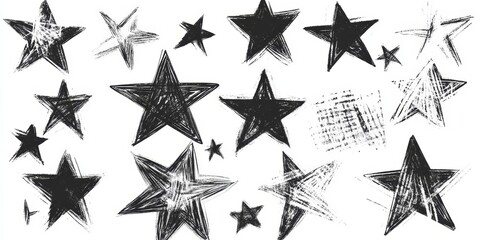 Grunge charcoal scrawl hand drawn stars, rough doodle shapes. Freehand crayon pencil starry elements.  illustration, scribble icon for poster, collage, banner