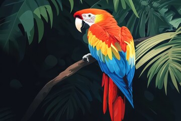 Fototapeta premium Vibrant Macaw Perched on Branch Amidst Lush Greenery in Tropical Rainforest Setting, Showcasing Stunning Feathers and Colorful Plumage