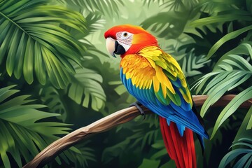Vivid Scarlet Macaw Perched on a Branch Surrounded by Lush Tropical Foliage in a Vibrant Jungle Setting