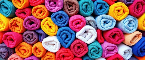 A kaleidoscope of rolled towels in diverse colors and textures, tightly arranged, colorful background, bright