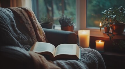 Cozy Reading Nook with Open Book, Decorative Candles, and Indoor Plants by Window in Soft Ambient Light for Relaxation and Reflection