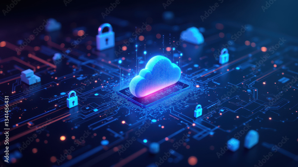 Poster an artistic depiction of cybersecurity with a focus on kubernetes, featuring digital clouds, lock ic