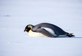 A lone king penguin rests serenely on a smooth, icy surface, gazing calmly at the viewer, gaze, king penguin