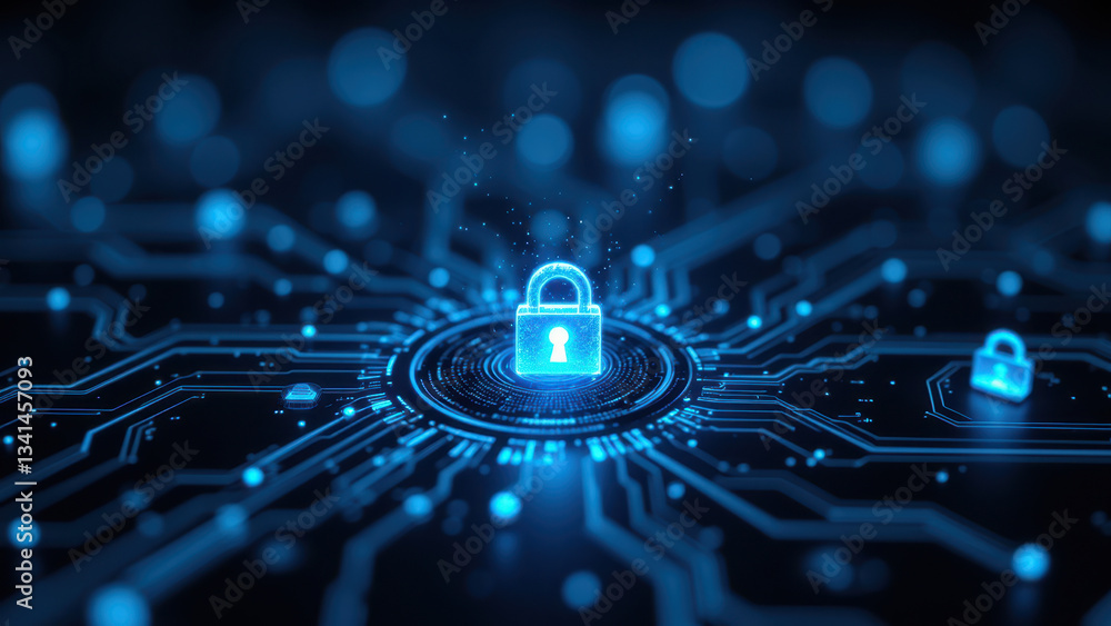 Poster cybersecurity concept with a lock on a network of nodes.