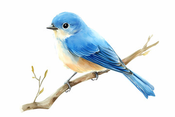 Azure Perch: An intricately detailed watercolor painting showcases a vibrant bluebird perched gracefully on a slender branch, capturing its delicate beauty and serene presence.