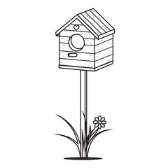 Birdhouse on a branch with a doodle bird, outline, coloring