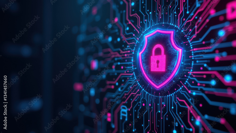 Poster a digital illustration showcasing a key lock symbol integrated within circuitry on a cybernetic back