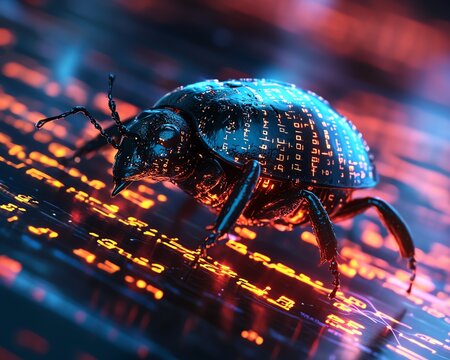 A bug interacting with flowing binary code, representing the challenge of software debugging, ultrarealistic, glowing code, sharp focus, digital theme