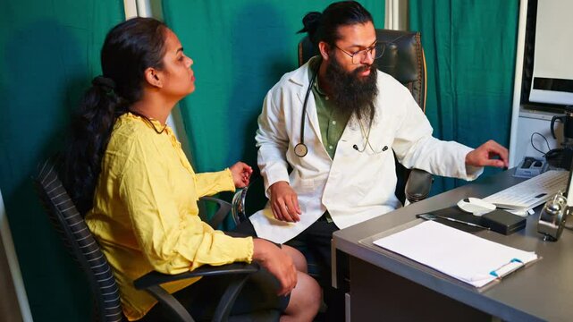 Clinician evaluate pulse rate of unfit lady at hospital