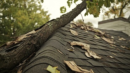 House with fallen tree - windstorm effect, severe weather