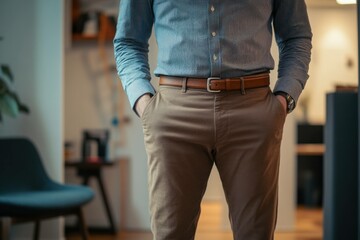 Confident businessman wearing a blue shirt and khaki pants, standing with hands in pockets in a modern office environment Stylish and professional appearance