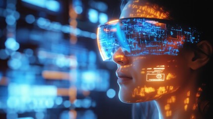 Woman immersed in augmented reality experience with advanced digital interface