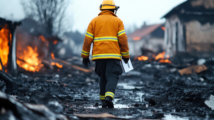 Firefighter Walking Through a Burned-Out House Aftermath High Fidelity Residential Area Ground Level Fire Insurance Impact