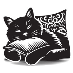 A Cat Sleeping with pillow silhouette vector style on white background.