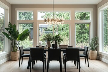 Modern Dining Room Featuring Table Chairs Plants and Windows