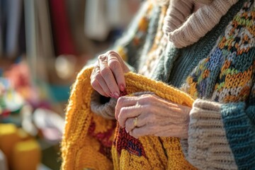 Elderly person knitting colorful yarn in a cozy environment during daylight
