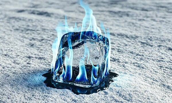 Blue Flames Engulfing Ice Cube on Snowy Surface