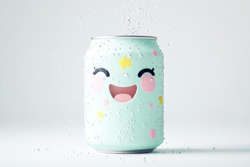 Obraz premium A cute, pastel-colored soda can with a happy face, adorned with sprinkles and stars, fizzes with delight.