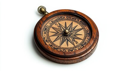 Antique wooden compass with star design, isolated on white background.