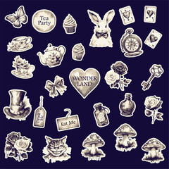Title	
Big set of Wonderland vector illustrations. Watercolor white rabbit, cat, hat, key, clock, tea cup, rose, mushrooms and other isolated on a white background