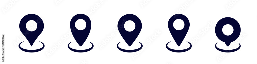 Poster a set of five identical location icons arranged in a single line, commonly used in maps and apps.