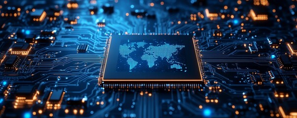 A cyberpunkinspired microchip with a holographic world map