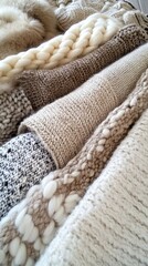 Knitted fabrics in warm neutral tones showcase the beauty of soft textures created through various weaving techniques