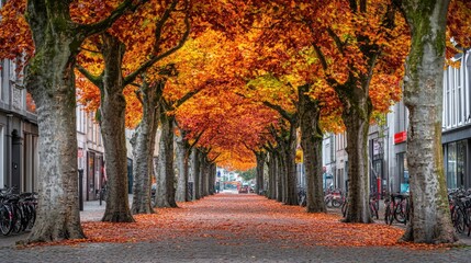 Fototapeta premium A tree-lined street with a single tree in the middle, decorated with autumn leaves