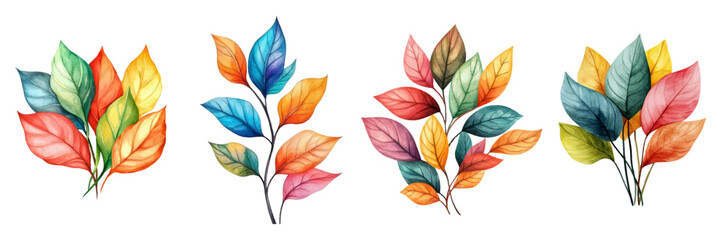 Fototapeta premium Watercolor set of bouquets of autumn leaves. Leaves of ash and plants in red-orange, green and yellow colors. Concept of autumn and October. Watercolor natural autumn elements.