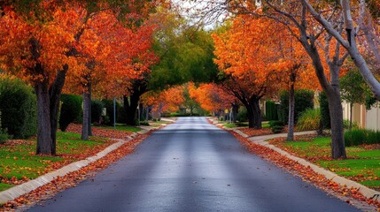 Naklejka premium A tree-lined street with a single tree in the middle, decorated with autumn leaves