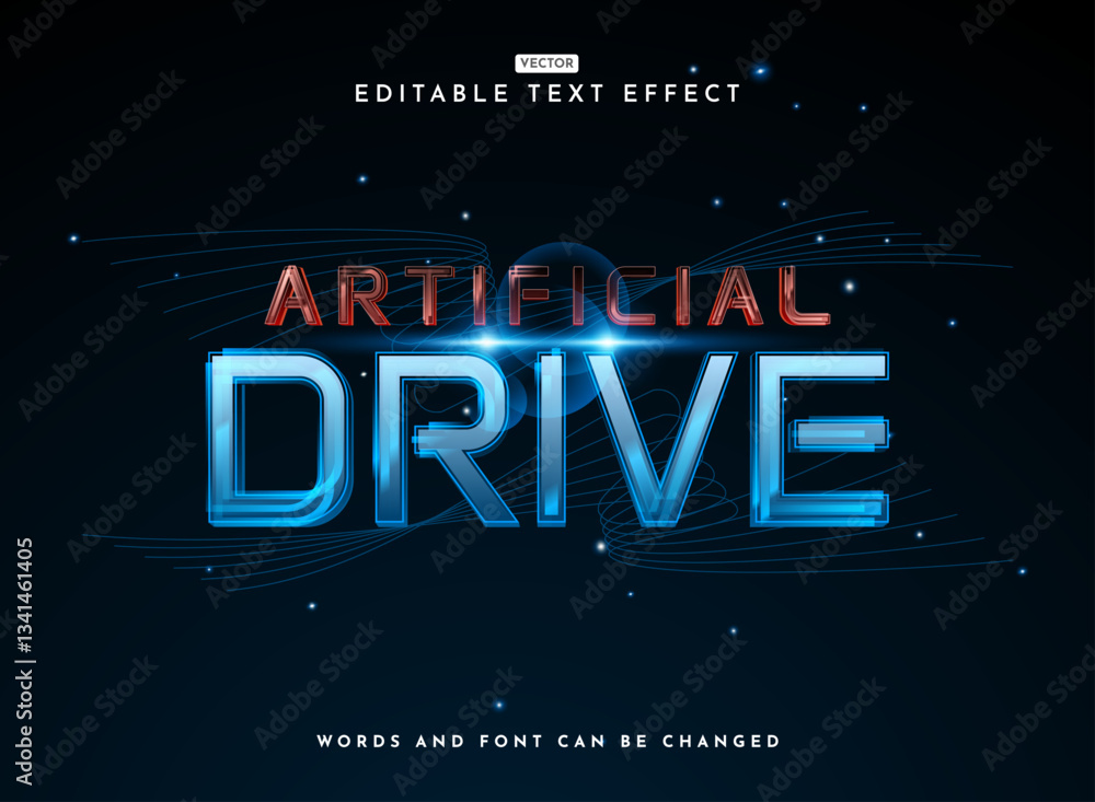 Poster artificial drive blue red modern futuristic tech text effect with glossy shiny and flare style