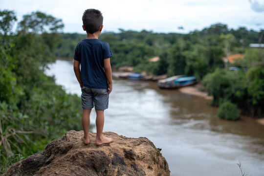 A young boy stands barefoot on a rocky outcrop, gazing at a serene river flowing through a lush green landscape, immersed in the beauty of nature's tranquil embrace.