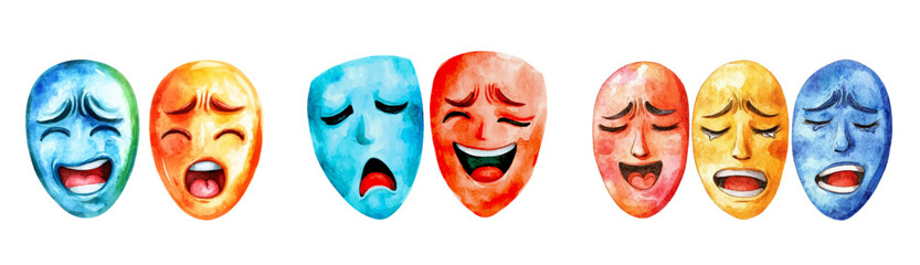 Watercolor set of emotion masks. Different emotions and facial expressions of a person. Emotion masks. Psychological and mental health concept. Vector illustration.
