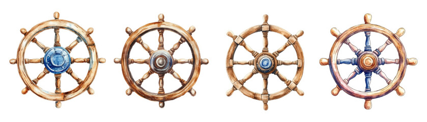 Watercolor set of wooden ship rudders png. Old wooden ship rudder for steering at sea. Vintage elements of sea ships. Vector illustration. © Narin