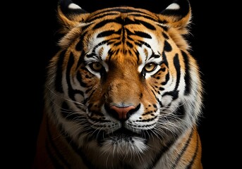 Close-up of a majestic tiger against a black background. Generative Ai