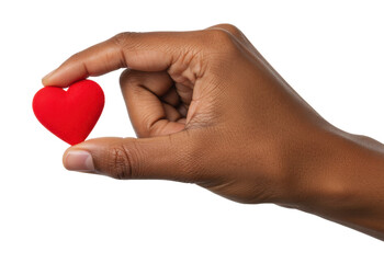 Hand holding a small red heart symbolizing love and affection in a minimalist setting on a transparent background.