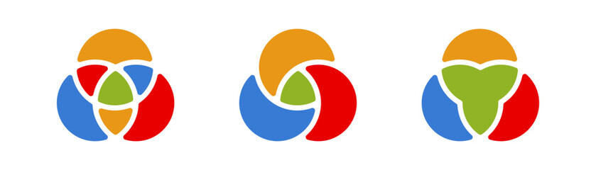 Three colorful geometric shapes with overlapping elements in red, blue, green, and orange tones.