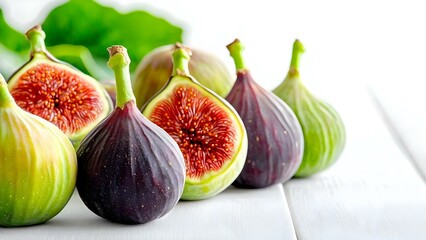 Fresh figs of various colors, some whole and others cut open, displaying their sweet, red interior. Green leaves in the background. Concept Fresh Figs Display, Colorful Varieties, Sweet Red Interior