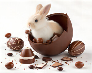 A cute rabbit inside from a chocolate egg which has been opened, chocolate pieces and eggs are scattered around