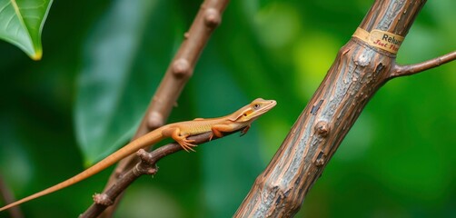 Naklejka premium A small lizard basks on a tree branch, a blurred green leaf backdrop, natural light, macro