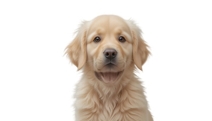 Obraz premium Golden retriever puppy sitting happily with soft fur, expressive eyes, and a friendly smile, isolated on a transparent background for pet-related advertisements and design elements