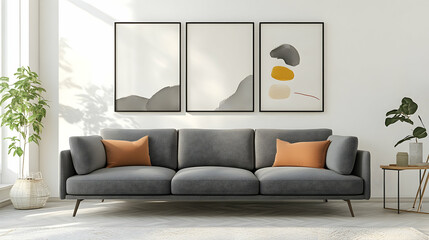 Fototapeta premium Three framed abstract geometric prints with muted colors above a gray sofa with orange pillows. 