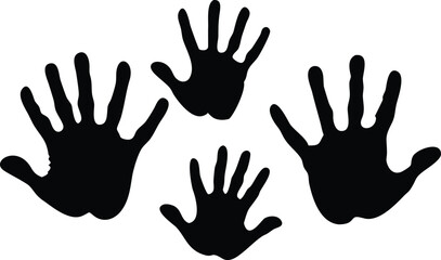 Fototapeta premium Four handprints, in vibrant colors (orange, red, green, and black), are displayed against a clean white background.