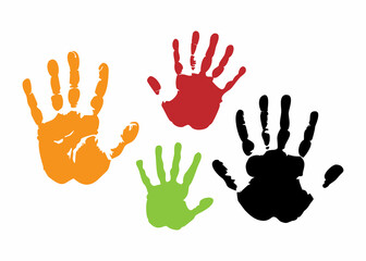 Obraz premium Four handprints, in vibrant colors (orange, red, green, and black), are displayed against a clean white background.