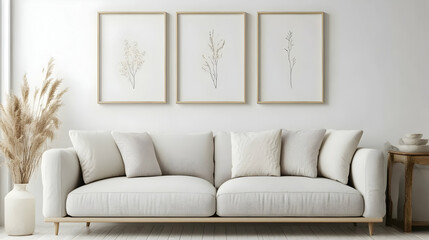 Three framed minimalist botanical line art prints above a light gray sofa with neutral pillows.
