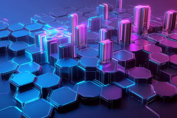 Obraz premium A futuristic urban landscape with floating hexagonal platforms acting as modular city structures. The interconnected smart buildings adjust dynamically, using AI-controlled environmental systems. The