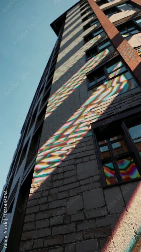 Poster sunlit rainbow patterns on urban building facade creating futuristic geometric abstract art