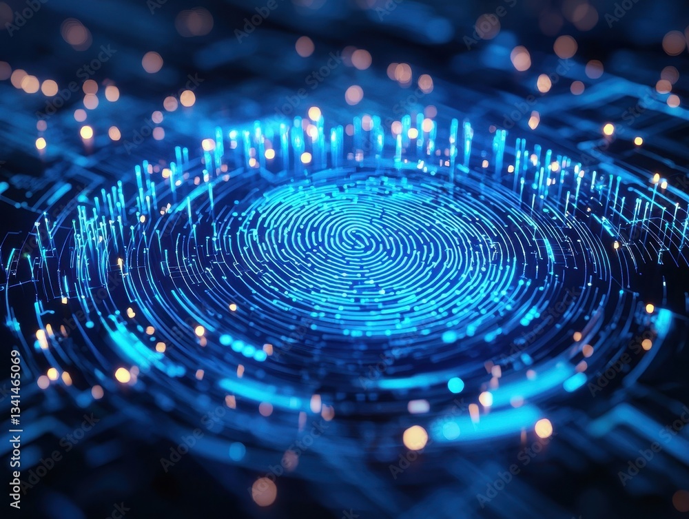 Poster biometric fingerprint algorithm concept. abstract swirling patterns with glowing blue lights on a da