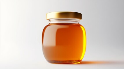Golden honey in glass jar with gold lid on white background.